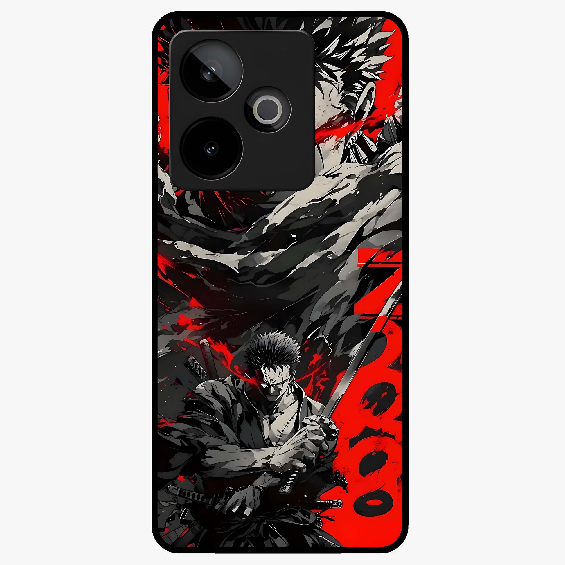 Demon Sword Resolve Glass Case showing flat back view with fierce sword warrior artwork and glossy glass finish.