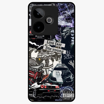 Die Young Glass Case showing flat back view with bold artistic typography design and glossy glass finish.