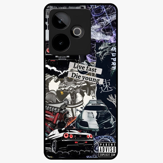 Die Young Glass Case showing flat back view with bold artistic typography design and glossy glass finish.