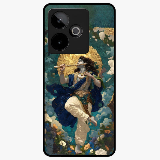Divine Krishna Art Glass Case showing flat back view with Lord Krishna artwork and glossy glass finish.