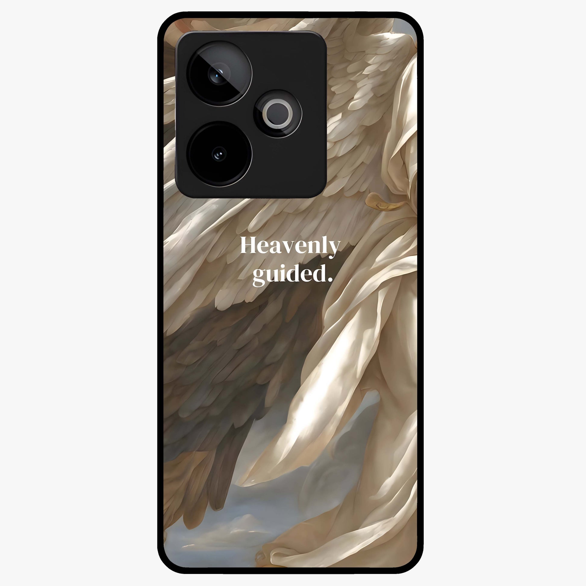 Divine Winged Grace Glass Case showing flat back view with elegant wing inspired artwork and glossy glass finish.
