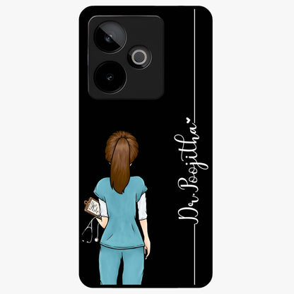 Doctor Pattern Custom Name Glass Case showing flat back view with medical themed pattern and personalized name design.