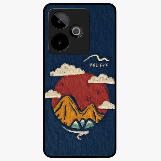 Dream Beyond Mountains Glass Case showing flat back view with scenic mountain landscape artwork and glossy glass finish.