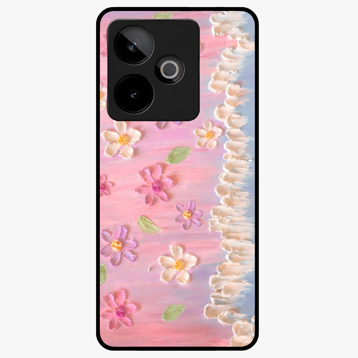 Dreamy Painted Garden Glass Case showing flat back view with artistic painted floral garden artwork and glossy glass finish.