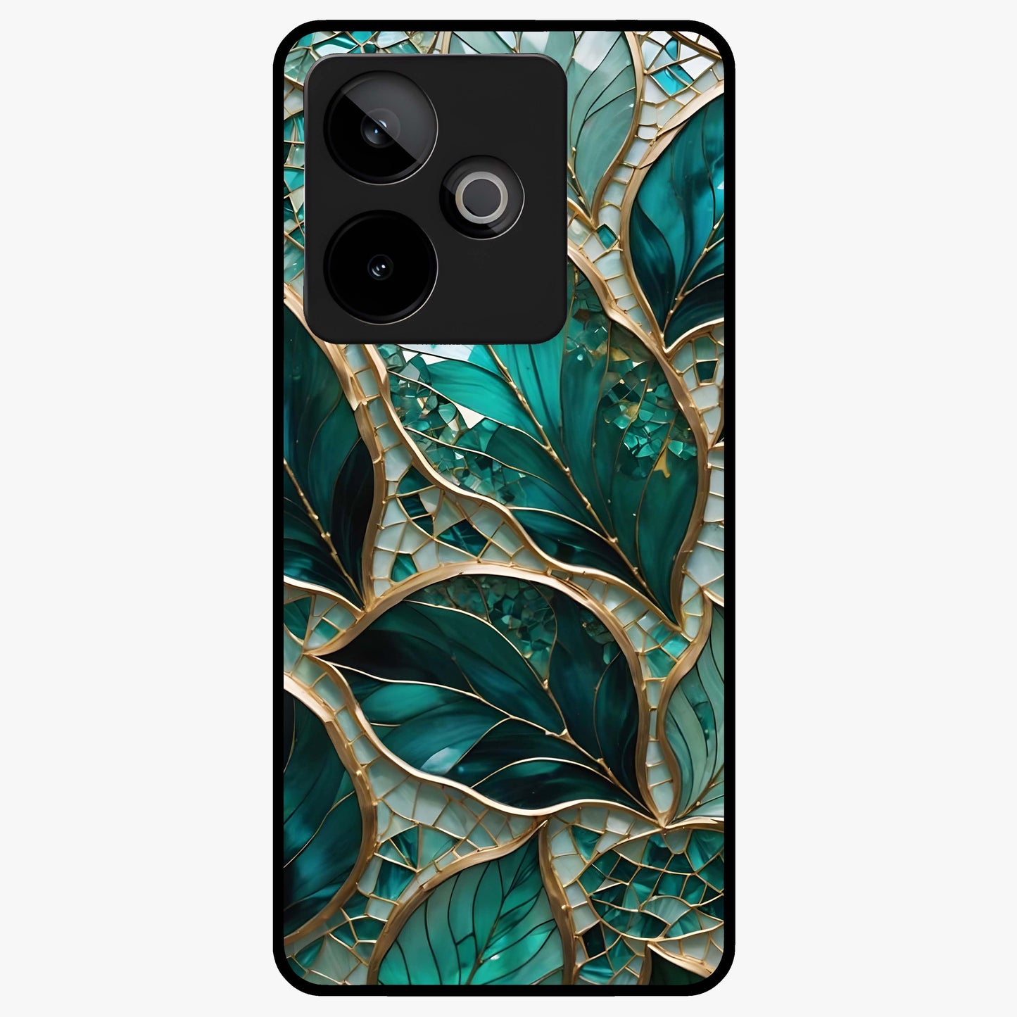 Emerald Leaf Glass Glass Case showing flat back view with emerald green leaf artwork and glossy glass finish.