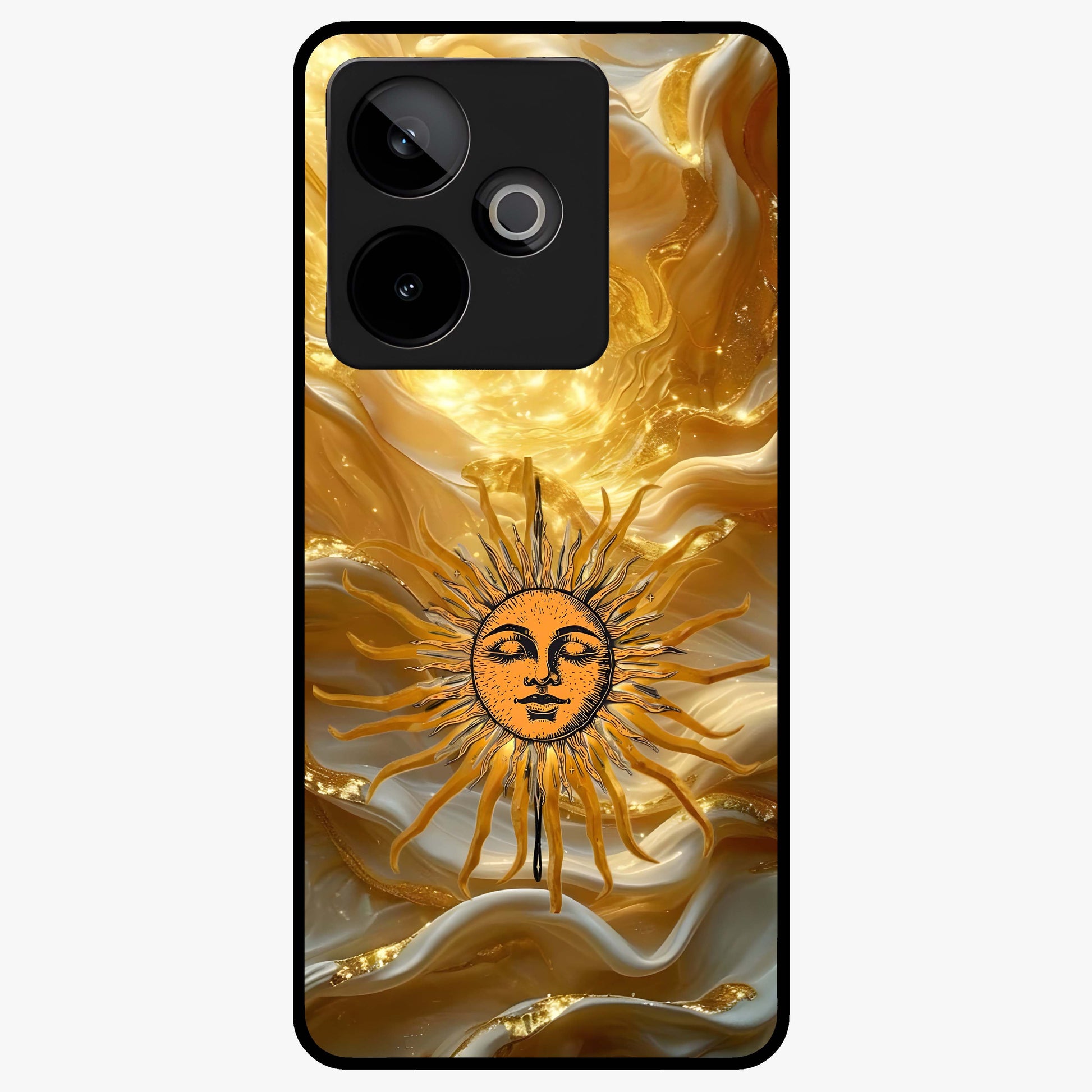 Eternal Golden Glow Glass Case showing flat back view with radiant golden themed artwork and glossy glass finish.
