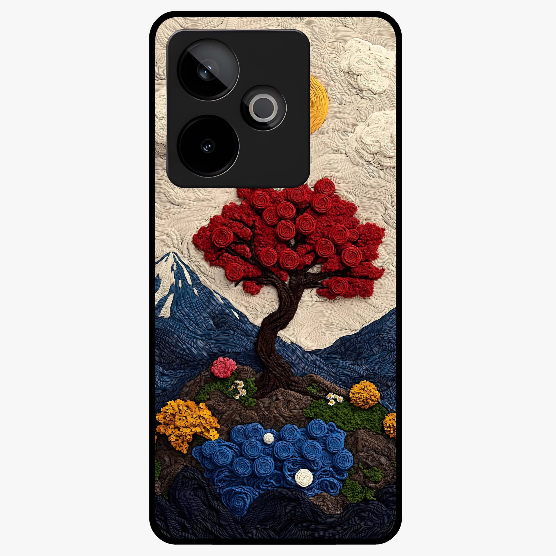 Eternal Nature Tapestry Glass Case showing flat back view with intricate nature tapestry artwork and glossy glass finish.