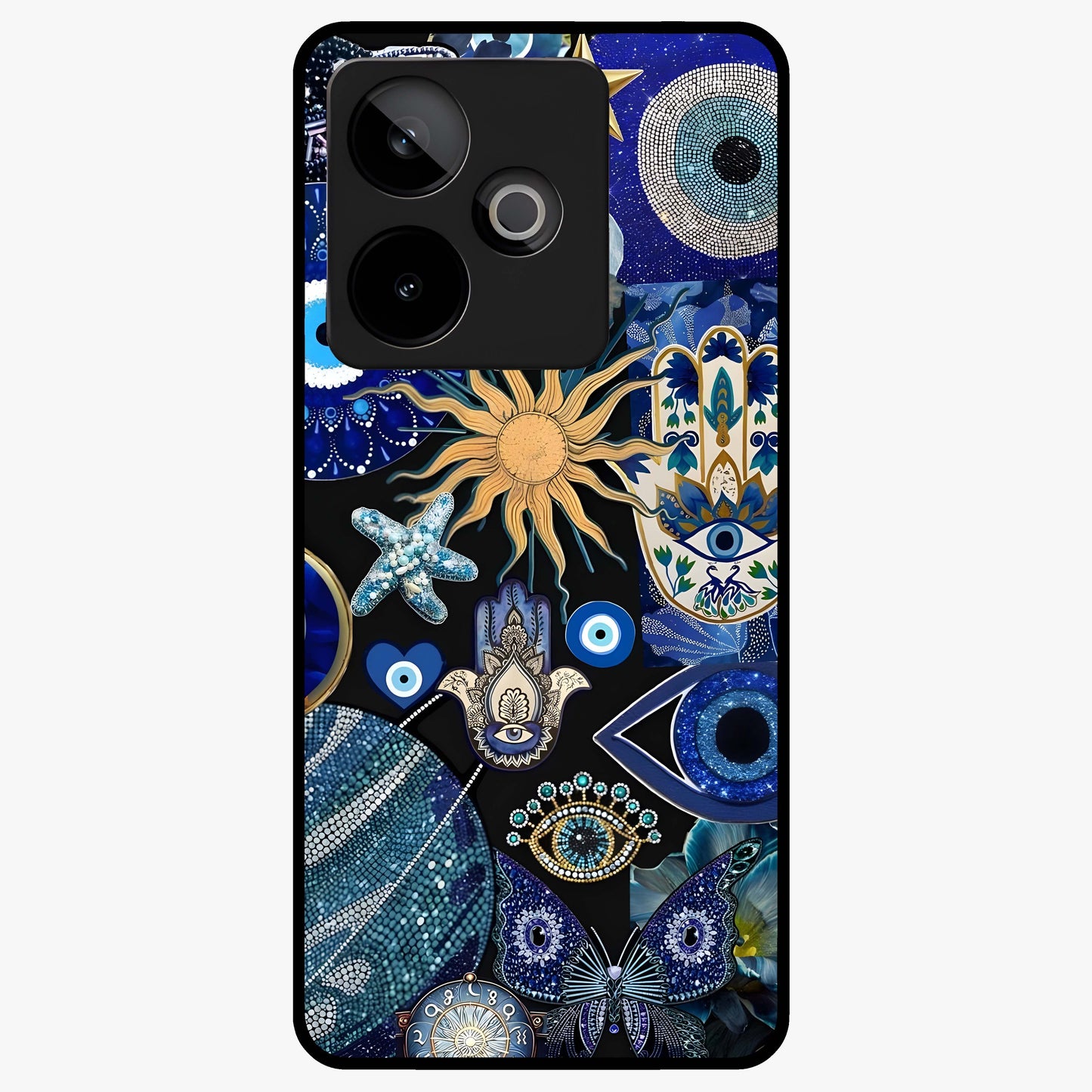 Evil Eye Charm Mix Glass Case showing flat back view with multiple evil eye charms artwork and glossy glass finish.