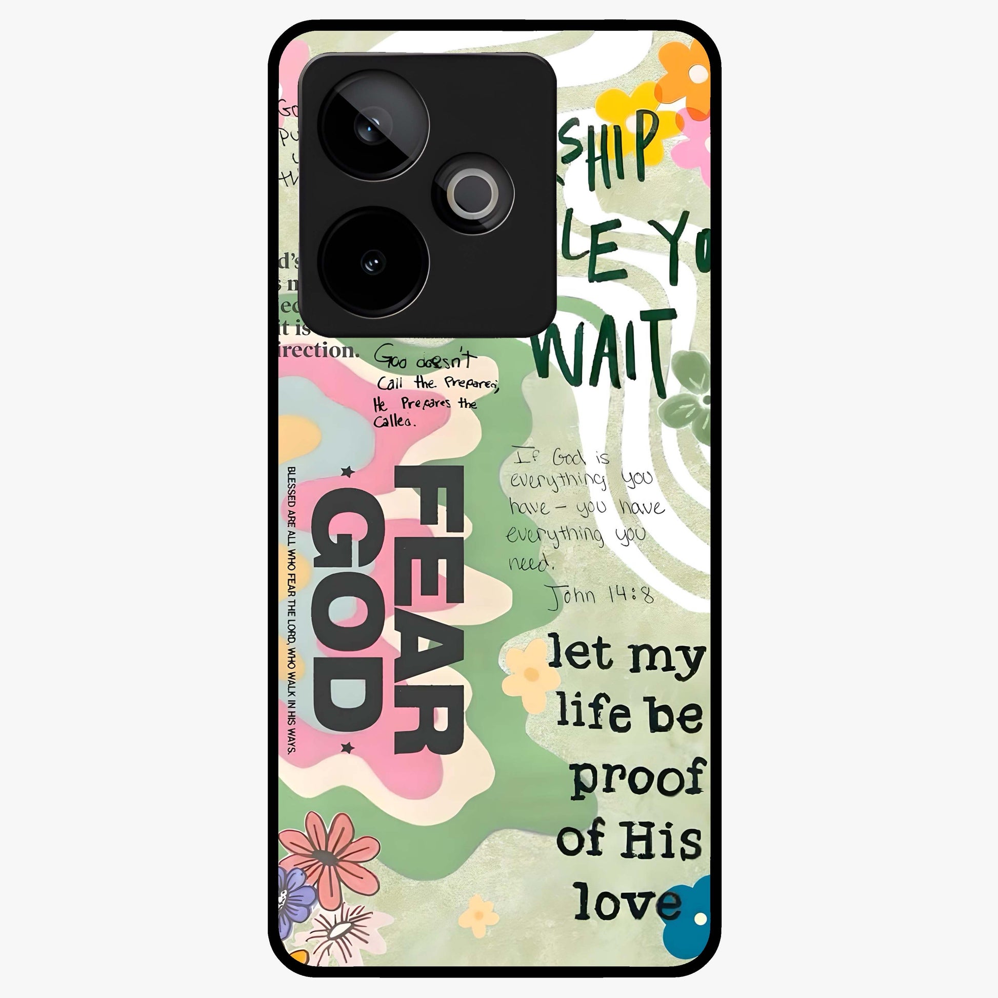 Faith Over Fear Glass Case showing flat back view with motivational typography artwork and glossy glass finish.