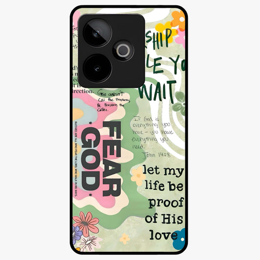 Faith Over Fear Glass Case showing flat back view with motivational typography artwork and glossy glass finish.