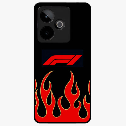 Fire F11 Glass Case showing flat back view with fiery themed artwork and glossy glass finish.