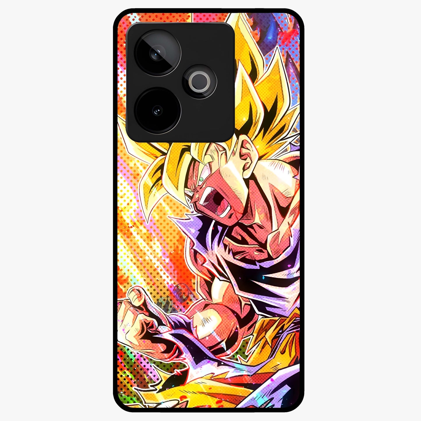 Firing Goku Glass Case showing flat back view with powerful anime inspired artwork and glossy glass finish.