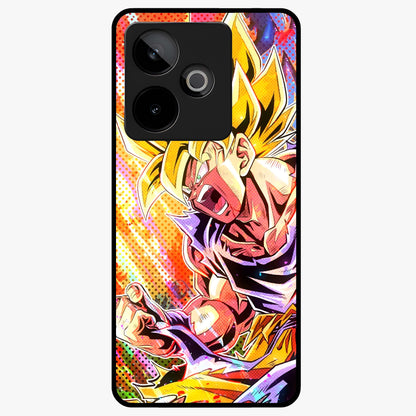 Firing Goku Glass Case showing flat back view with powerful anime inspired artwork and glossy glass finish.