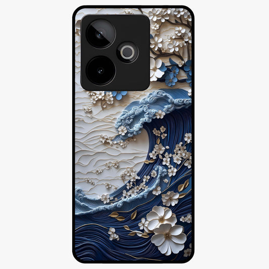 Floral Wave Origami Glass Case showing flat back view with origami inspired floral wave artwork and glossy glass finish.
