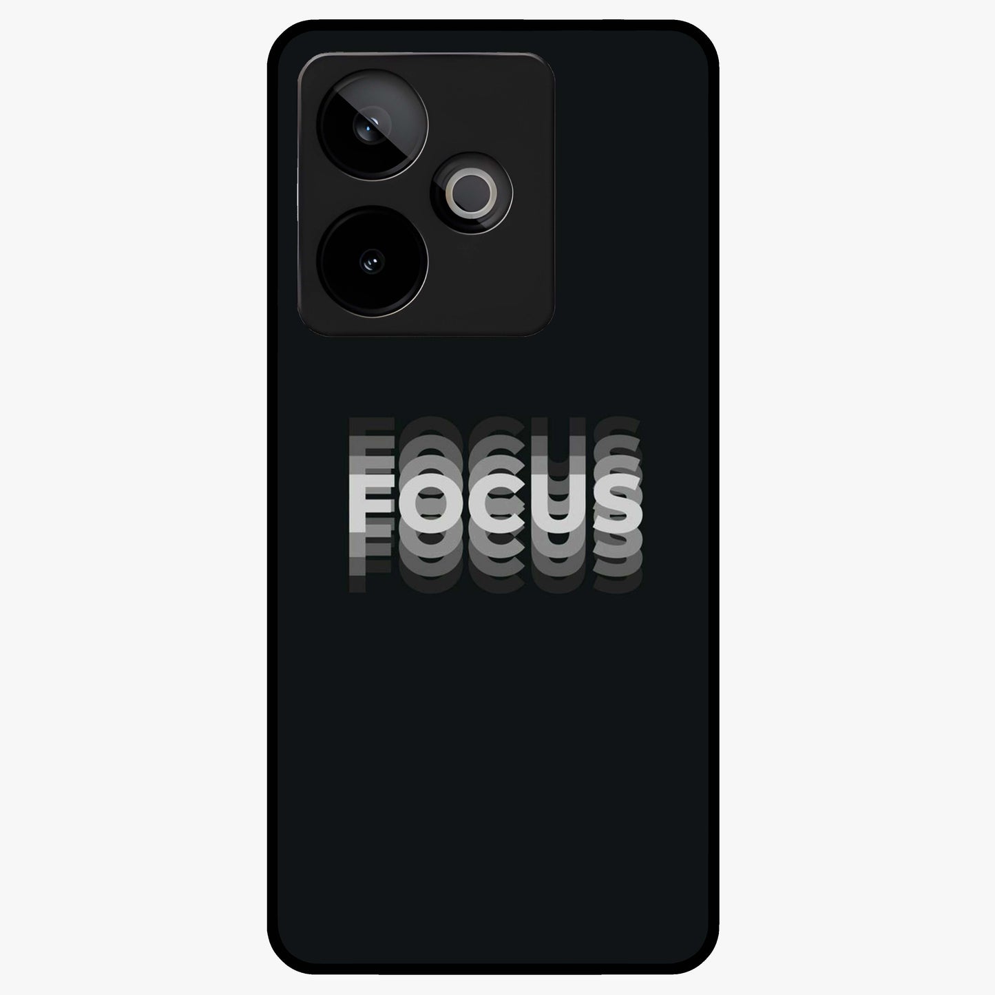 Focus Mode On Glass Case showing flat back view with bold motivational typography design and glossy glass finish.