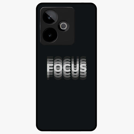 Focus Mode On Glass Case showing flat back view with bold motivational typography design and glossy glass finish.