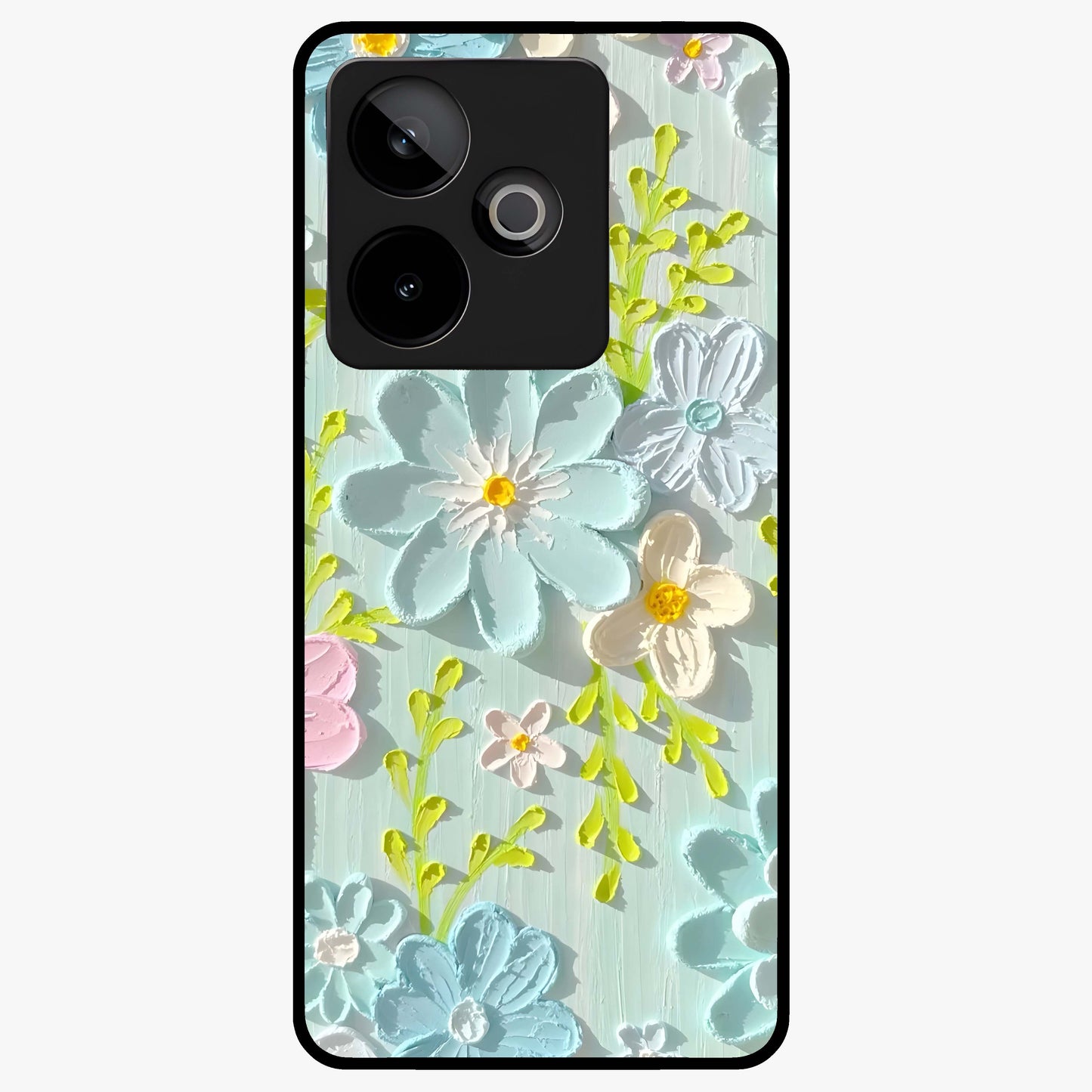 Frosted Petal Garden Glass Case showing flat back view with soft frosted floral artwork and glossy glass finish.