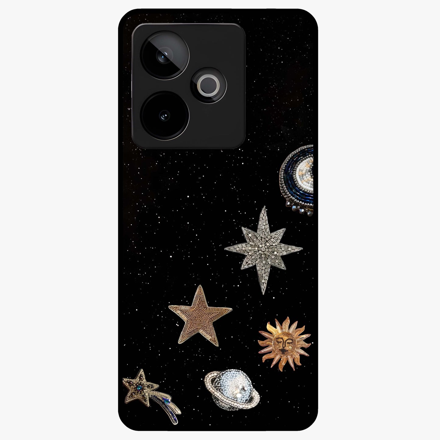 Galactic Charm Glow Glass Case showing flat back view with glowing celestial charm artwork and glossy glass finish.