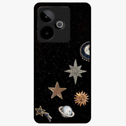 Galactic Charm Glow Glass Case showing flat back view with glowing celestial charm artwork and glossy glass finish.