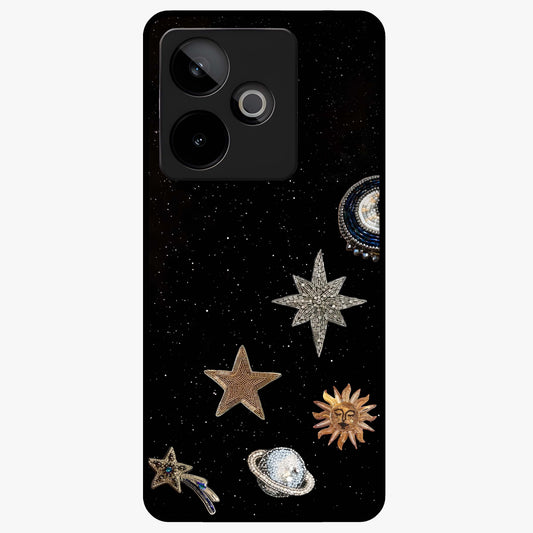 Galactic Charm Glow Glass Case showing flat back view with glowing celestial charm artwork and glossy glass finish.