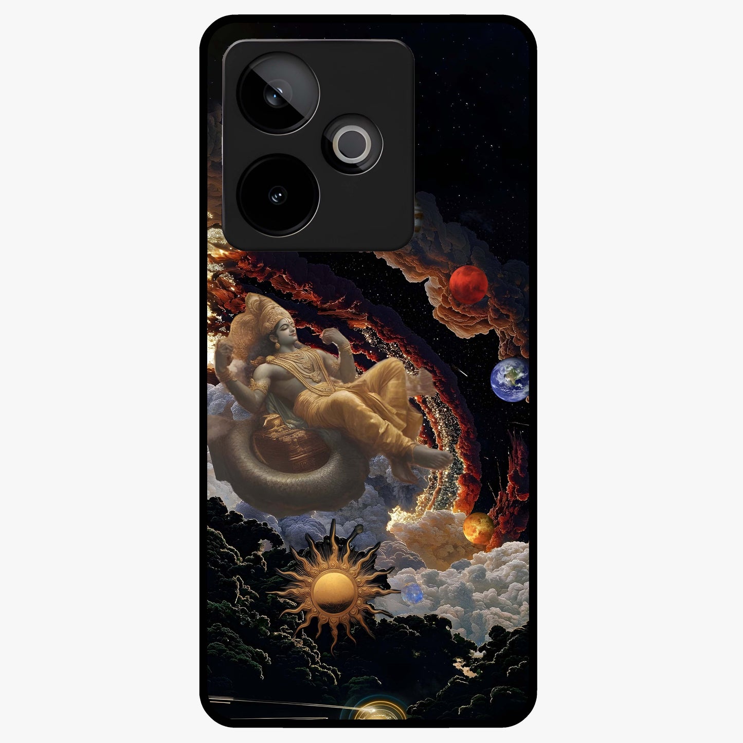 Galactic Divine God Glass Case showing flat back view with divine cosmic themed artwork and glossy glass finish.
