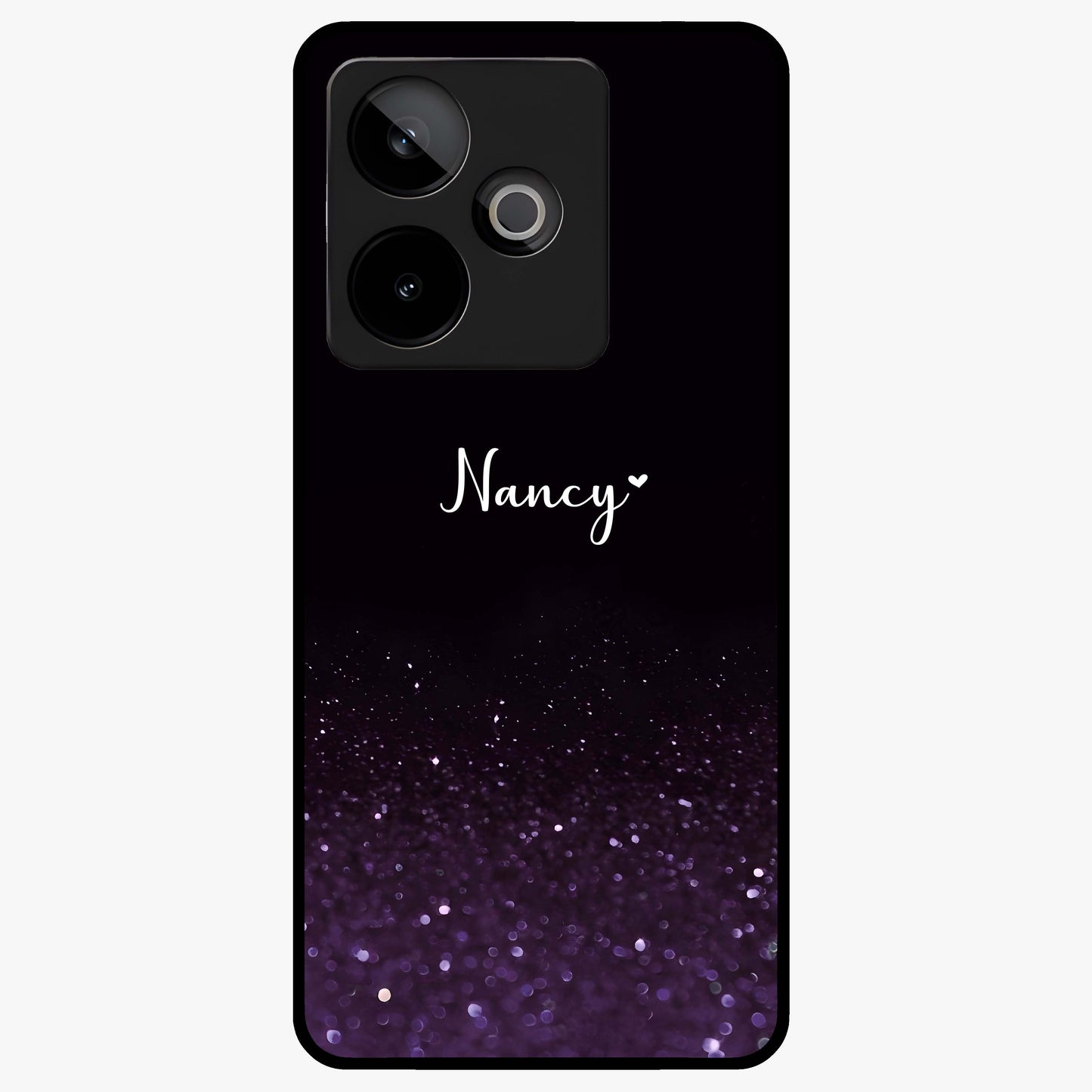 Glittery Purple Bokeh Custom Name Glass Case showing flat back view with purple bokeh sparkle artwork and personalized name design.