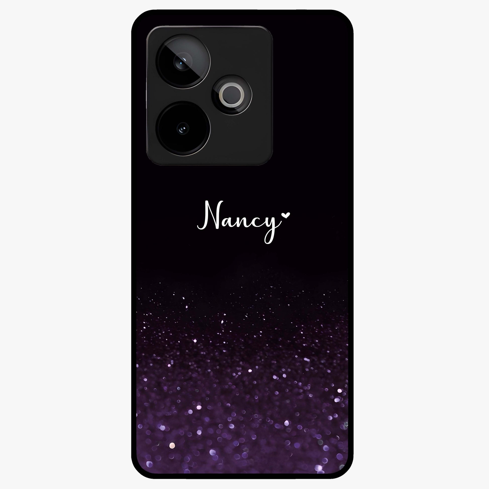Glittery Purple Bokeh Custom Name Glass Case showing flat back view with purple bokeh sparkle artwork and personalized name design.