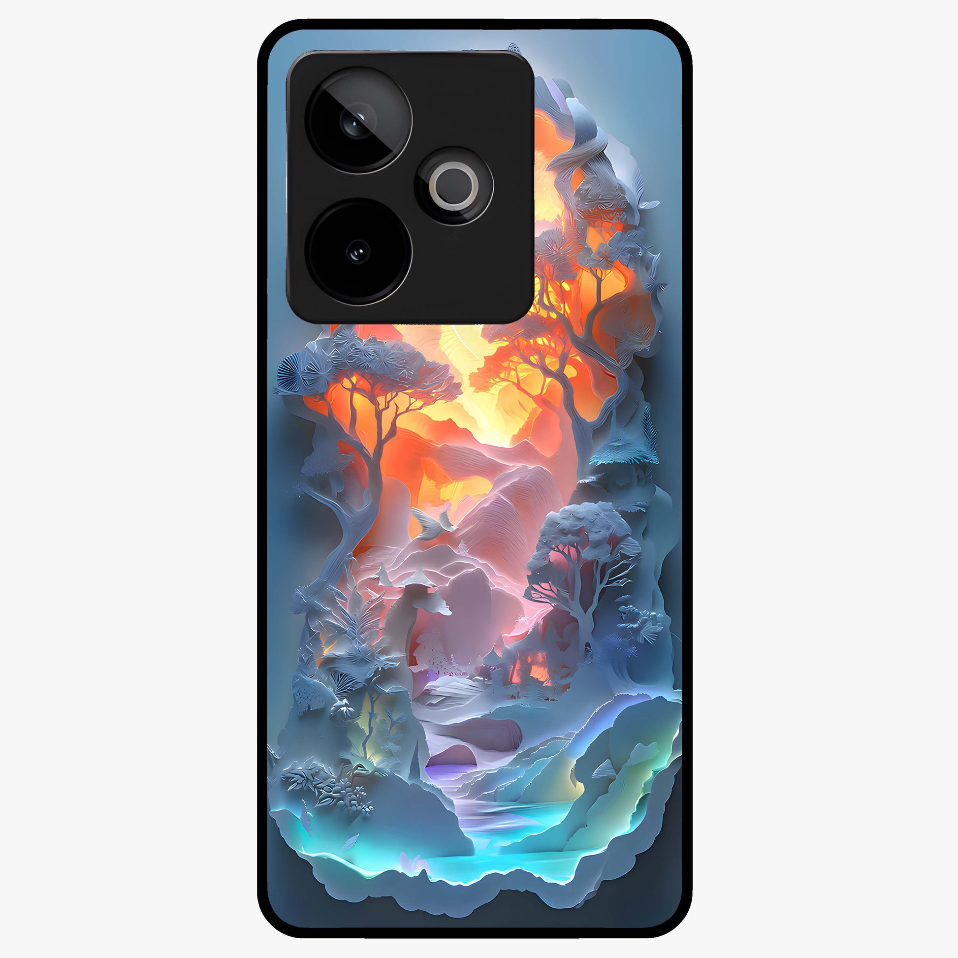 Glow Forest Portal Glass Case showing flat back view with glowing forest portal artwork and glossy glass finish.