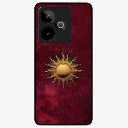 Gold Sun Blush Glass Case showing flat back view with golden sun inspired artwork and glossy glass finish.