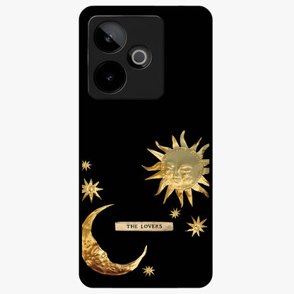 Golden Celestial Charm Glass Case showing flat back view with golden celestial charm artwork and glossy glass finish.
