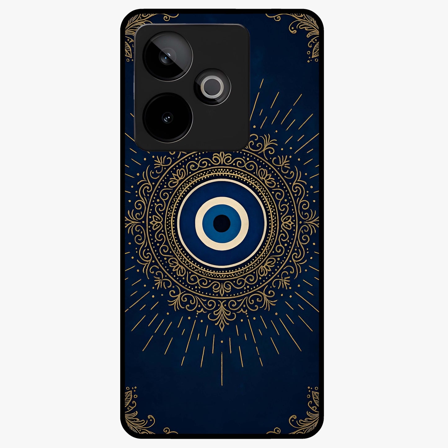Golden Evil Eye Mandala Glass Case showing flat back view with intricate evil eye mandala artwork and glossy glass finish.