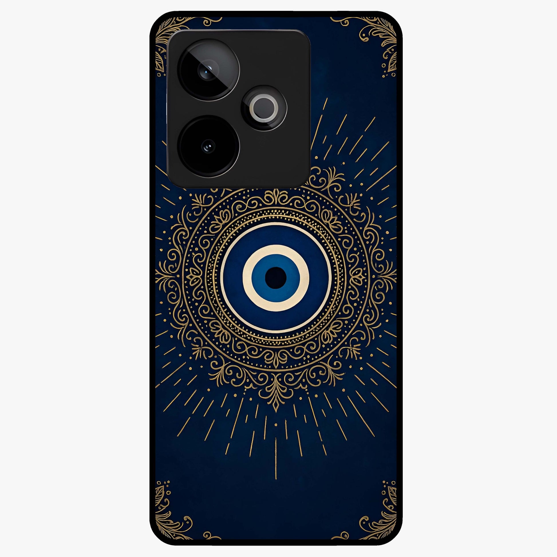 Golden Evil Eye Mandala Glass Case showing flat back view with intricate evil eye mandala artwork and glossy glass finish.