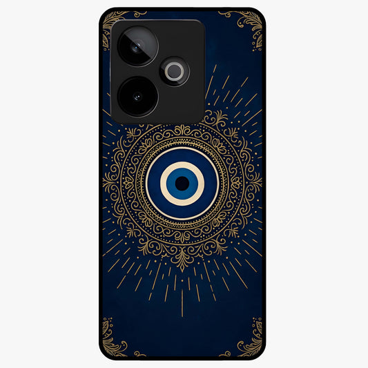 Golden Evil Eye Mandala Glass Case showing flat back view with intricate evil eye mandala artwork and glossy glass finish.