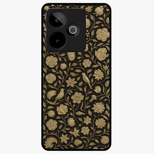 Golden Floral Majesty Glass Case showing flat back view with luxurious golden floral artwork and glossy glass finish.