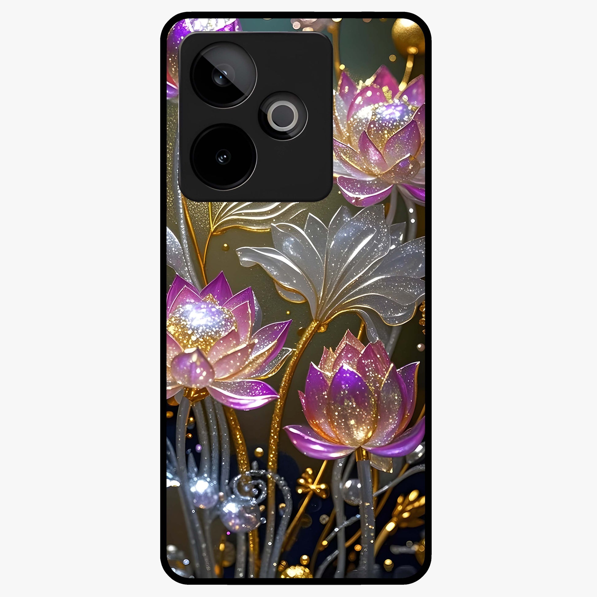 Golden Lotus Glow Glass Case showing flat back view with glowing lotus flower artwork and glossy glass finish.
