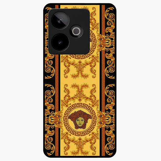 Golden Royal Heritage Glass Case showing flat back view with ornate royal pattern artwork and glossy glass finish.