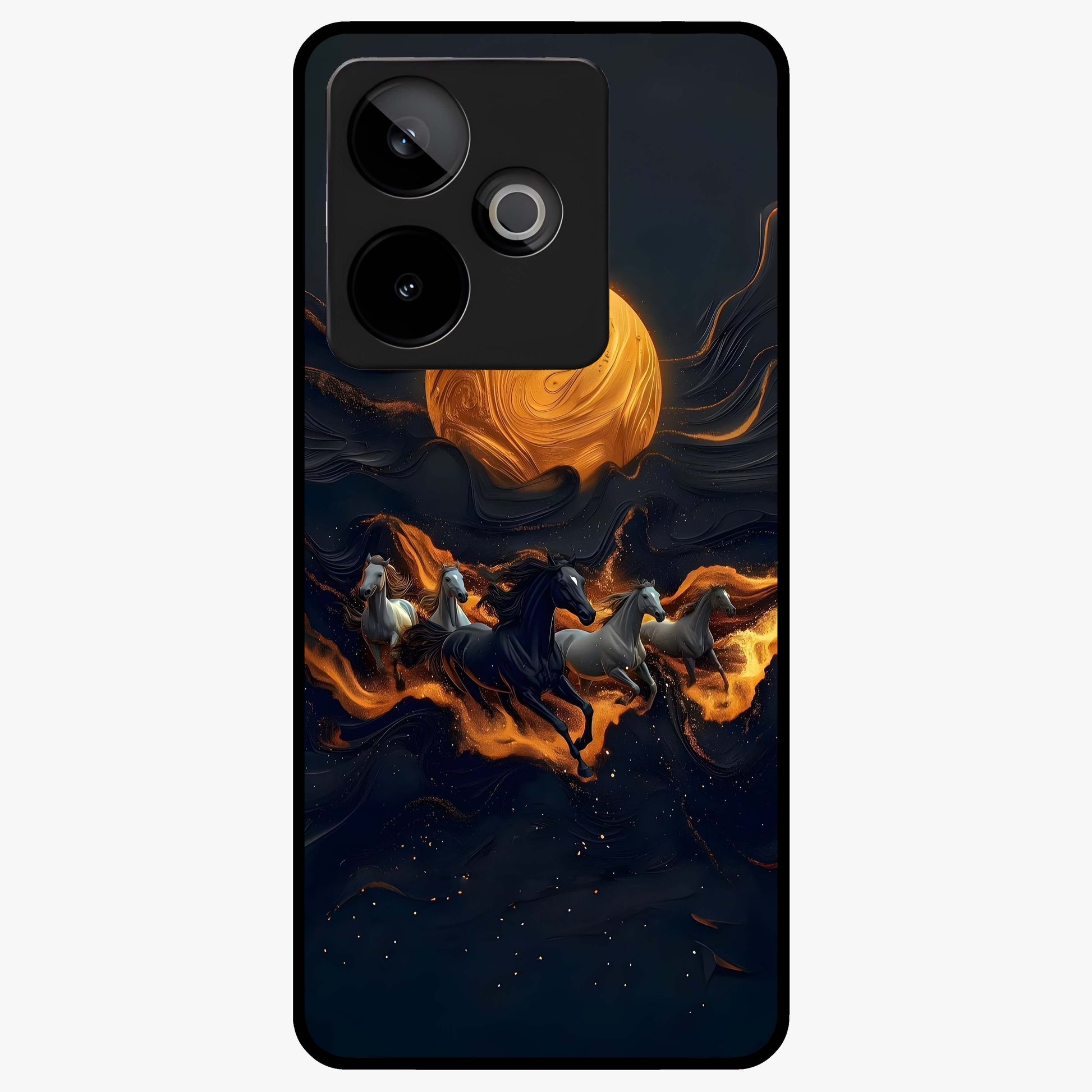 Golden Stallion Moonride Glass Case showing flat back view with majestic horse under moonlight artwork and glossy glass finish.