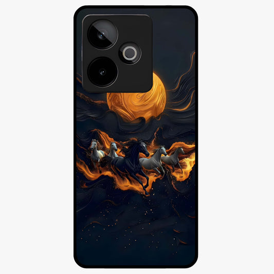 Golden Stallion Moonride Glass Case showing flat back view with majestic horse under moonlight artwork and glossy glass finish.