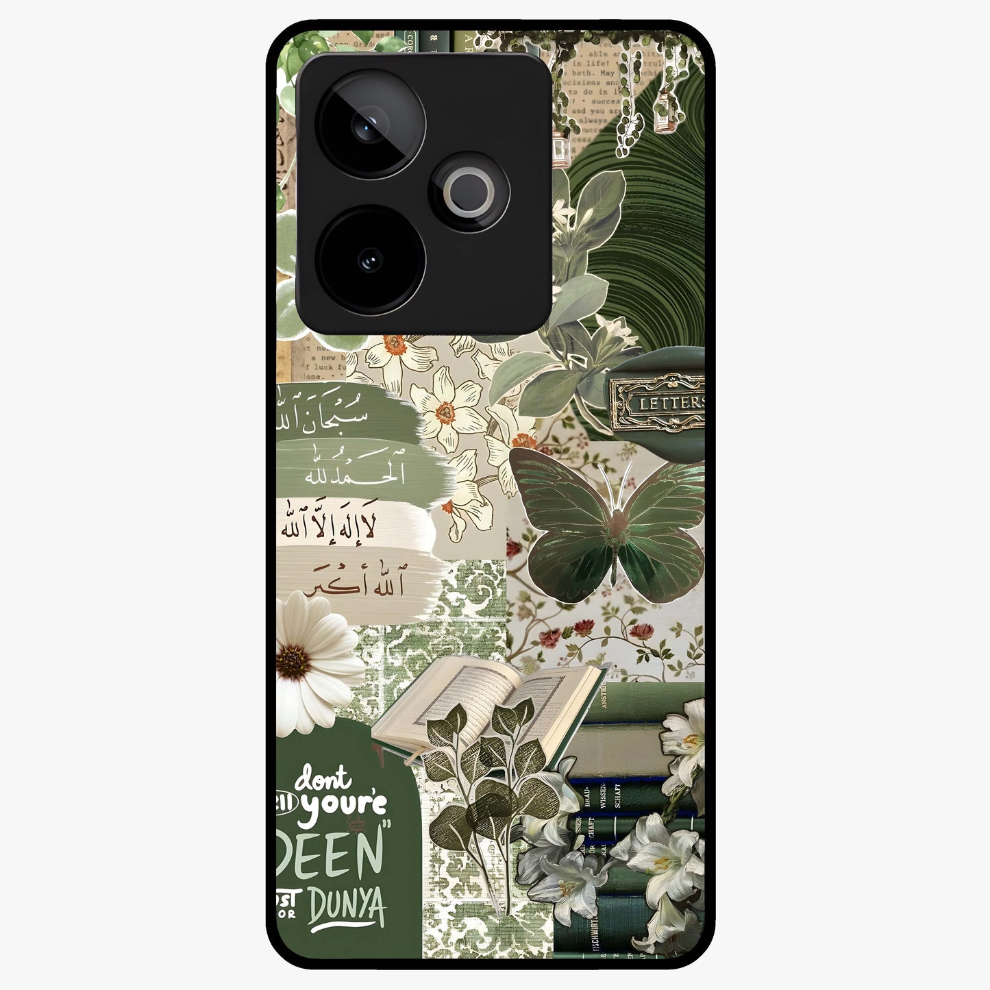 Green Islamic Books Quotes Glass Case showing flat back view with Islamic quotes and book themed artwork and glossy glass finish.