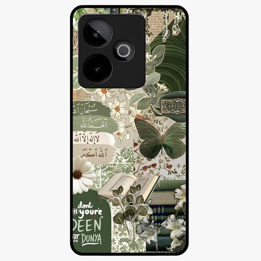 Green Islamic Books Quotes Glass Case showing flat back view with Islamic quotes and book themed artwork and glossy glass finish.