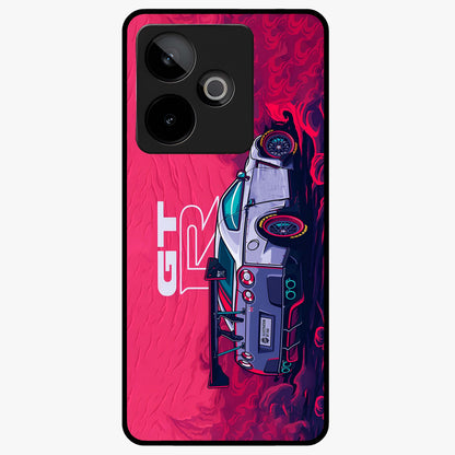 GT-R Car Pattern Glass Case showing flat back view with sporty car inspired pattern artwork and glossy glass finish.