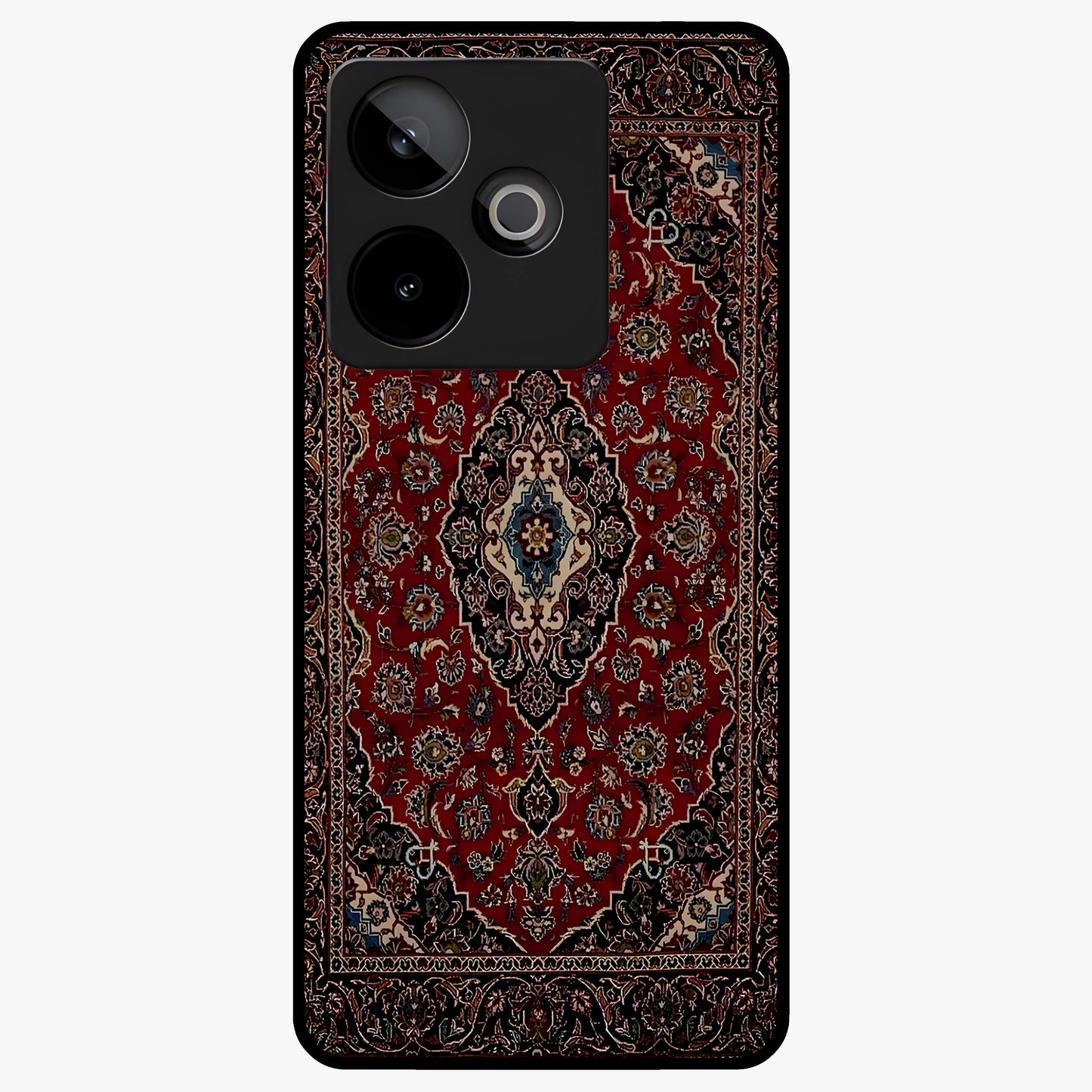 Heritage Carpet Royale Glass Case showing flat back view with ornate Persian carpet inspired pattern and glossy glass finish.
