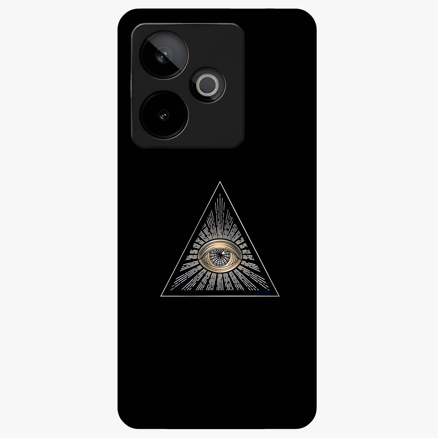 Illuminati Evil Glass Case showing flat back view with mysterious illuminati symbol artwork and glossy glass finish.