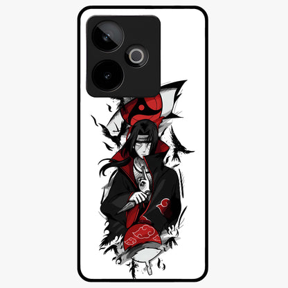 Itachi Sharingan Glass Case showing flat back view with powerful anime eye artwork and glossy glass finish.