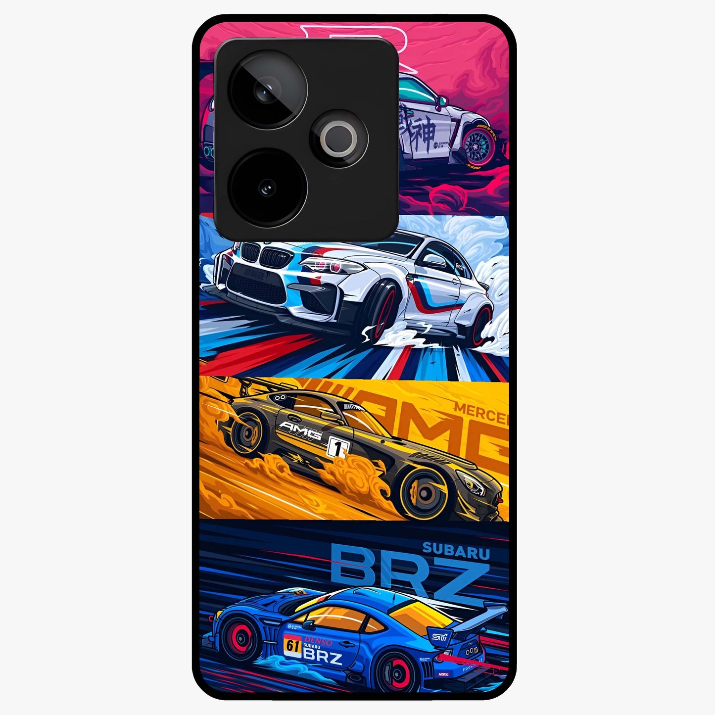 JDM Sports Car Glass Case showing flat back view with high performance sports car artwork and glossy glass finish.