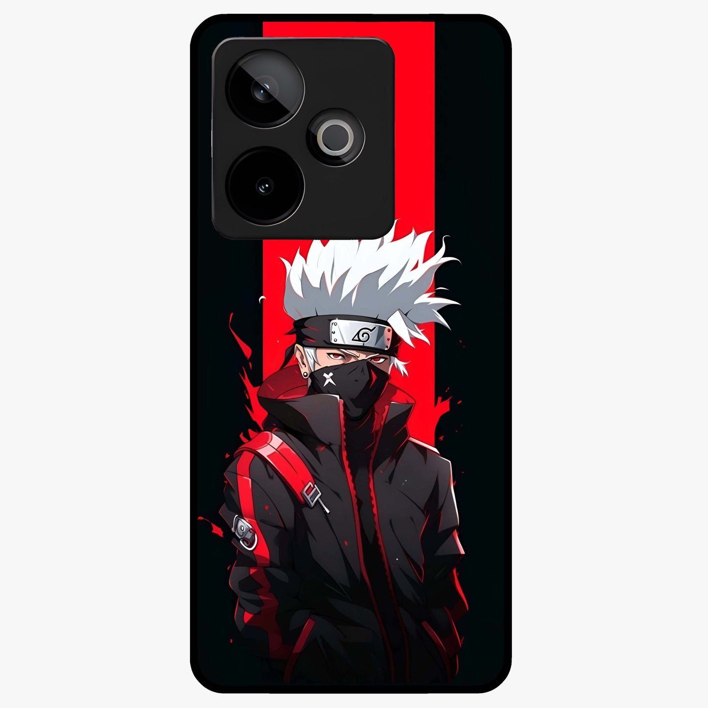 Kakashi Scarlet Shadow Glass Case showing flat back view with powerful anime ninja artwork and glossy glass finish.