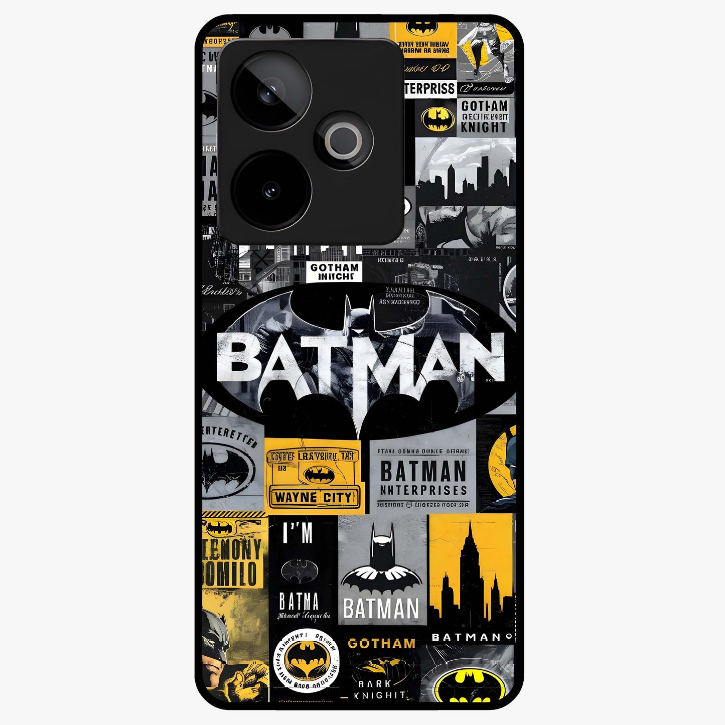 Knight Gotham Rise Glass Case showing flat back view with dark hero inspired artwork and glossy glass finish.