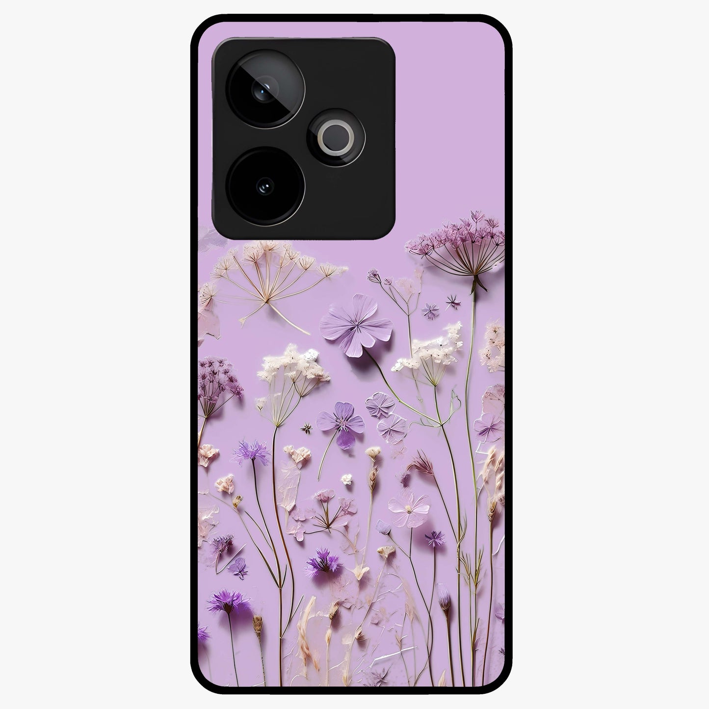 Lavender Blossom Dream Glass Case showing flat back view with soft lavender floral artwork and glossy glass finish.