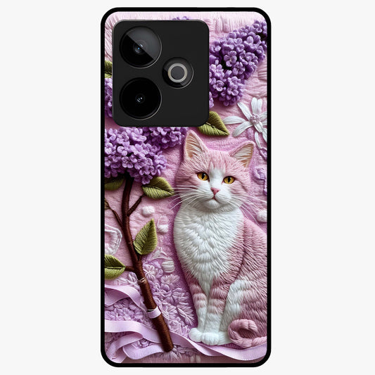 Lavender Cat Whimsy Glass Case showing flat back view with cute lavender cat artwork and glossy glass finish.