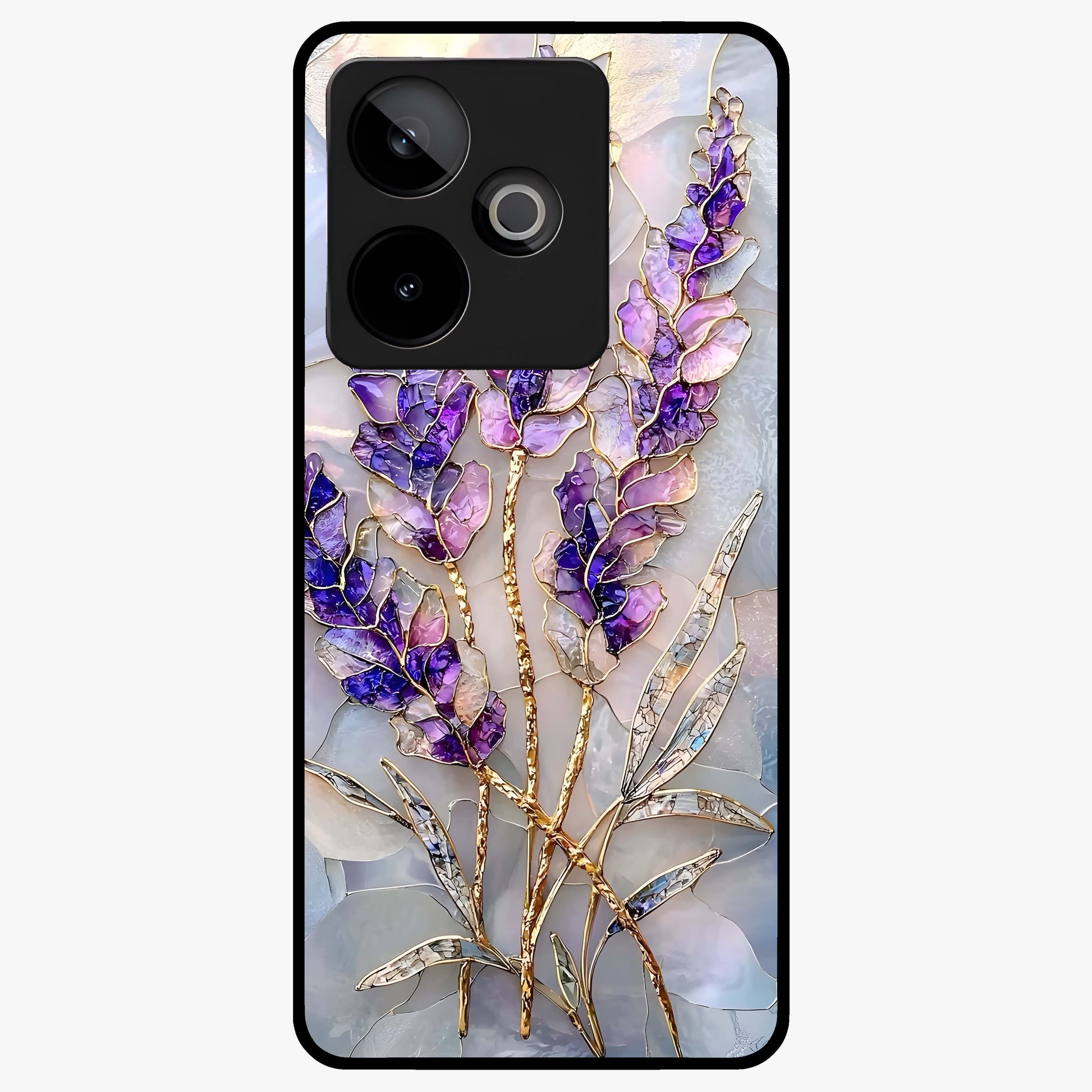 Lavender Dream Glow Glass Case showing flat back view with glowing lavender aesthetic artwork and glossy glass finish.
